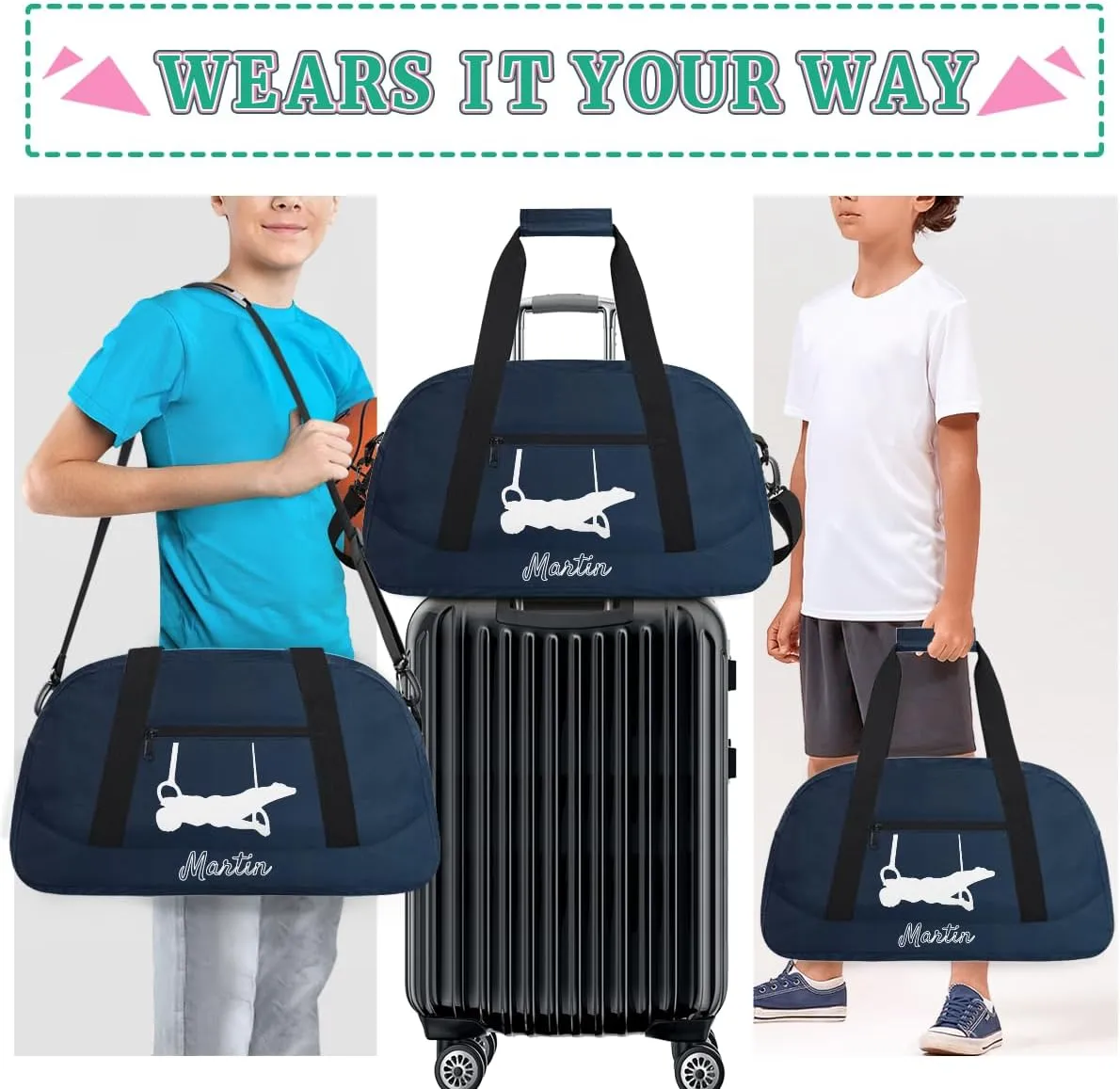 Personalized Kids Gymnastic Bag Black Blue Gymnastic Rings Custom Name Sport Gymnast Duffel Bag for Girls Teens Large Dance Bags Travel Duffel Bag