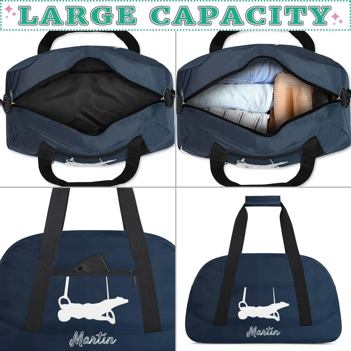 Personalized Kids Gymnastic Bag Black Blue Gymnastic Rings Custom Name Sport Gymnast Duffel Bag for Girls Teens Large Dance Bags Travel Duffel Bag