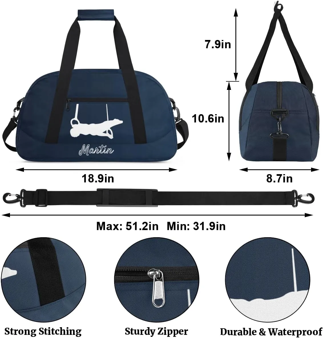 Personalized Kids Gymnastic Bag Black Blue Gymnastic Rings Custom Name Sport Gymnast Duffel Bag for Girls Teens Large Dance Bags Travel Duffel Bag