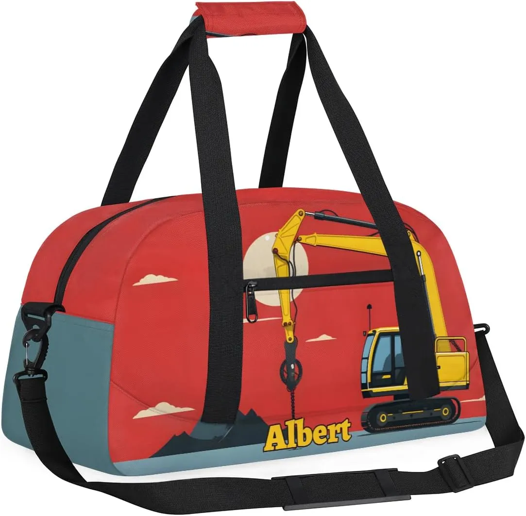 Personalized Kids Sports Duffel Bag with Name Custom Weekender Overnight Bag for Boys Girls Gym Bag Travel Dance Gymnastics Duffel Bag, Excavator Tractor Truck