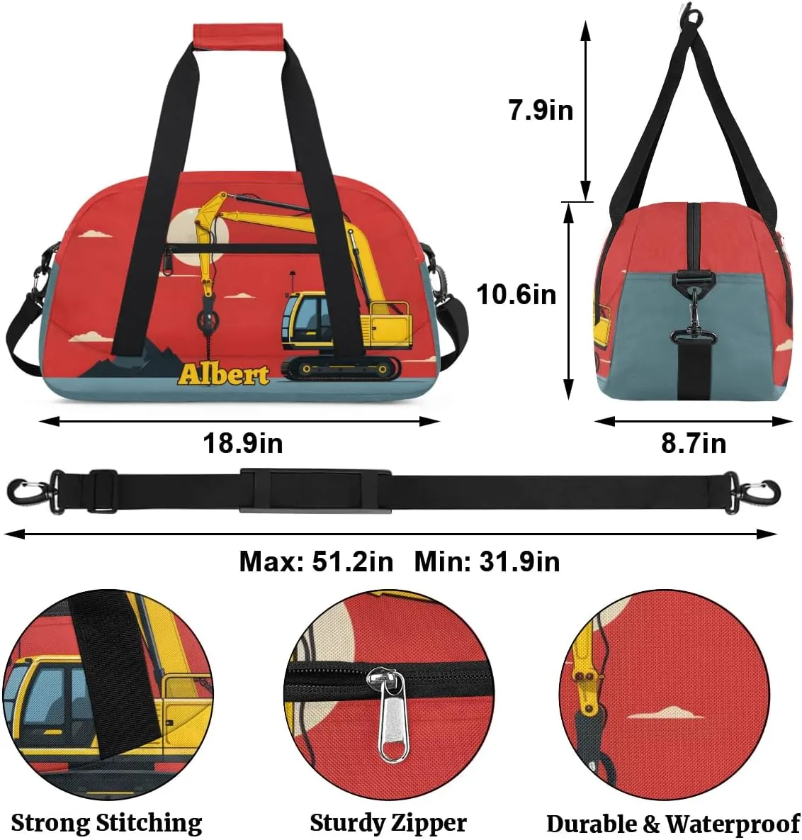 Personalized Kids Sports Duffel Bag with Name Custom Weekender Overnight Bag for Boys Girls Gym Bag Travel Dance Gymnastics Duffel Bag, Excavator Tractor Truck