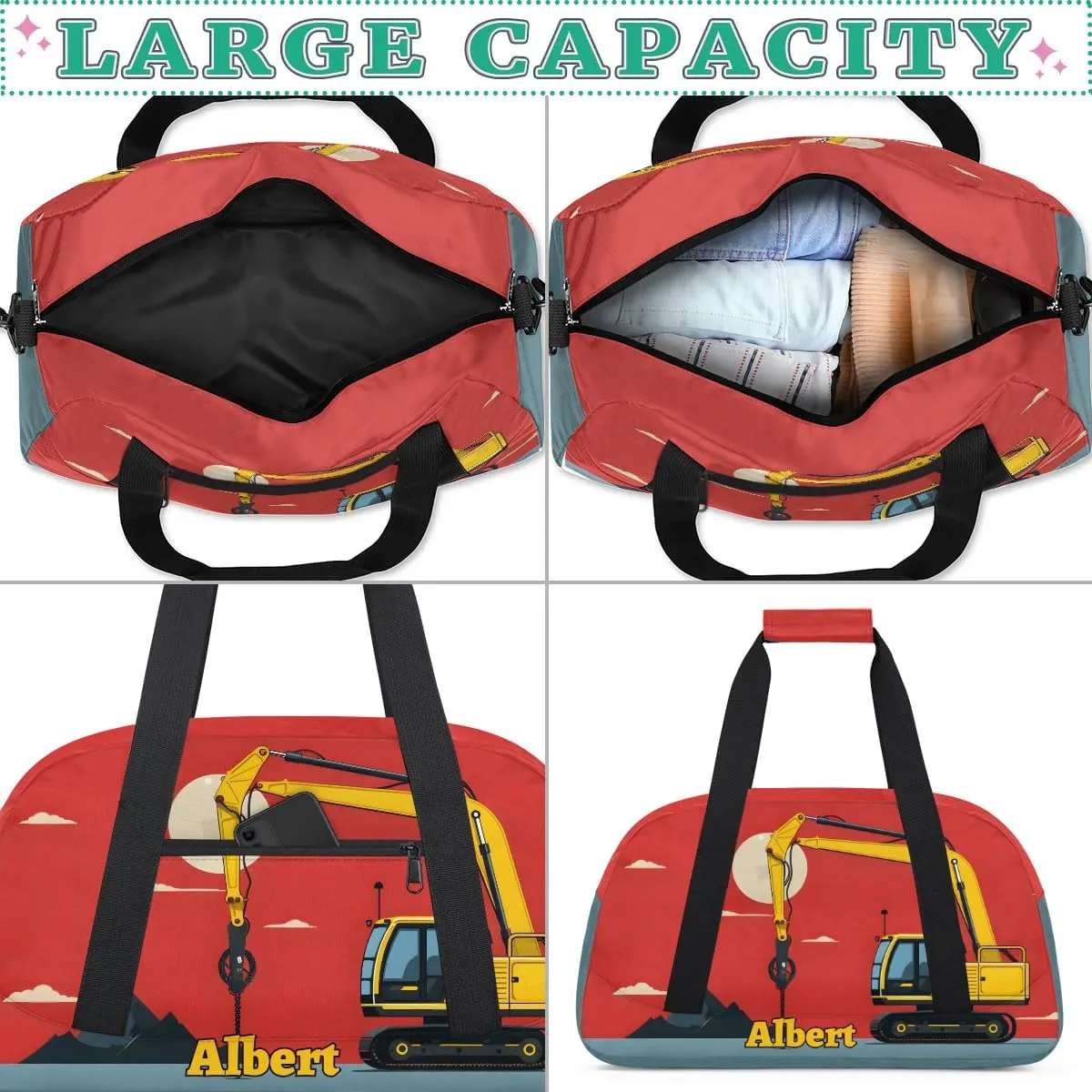 Personalized Kids Sports Duffel Bag with Name Custom Weekender Overnight Bag for Boys Girls Gym Bag Travel Dance Gymnastics Duffel Bag, Excavator Tractor Truck