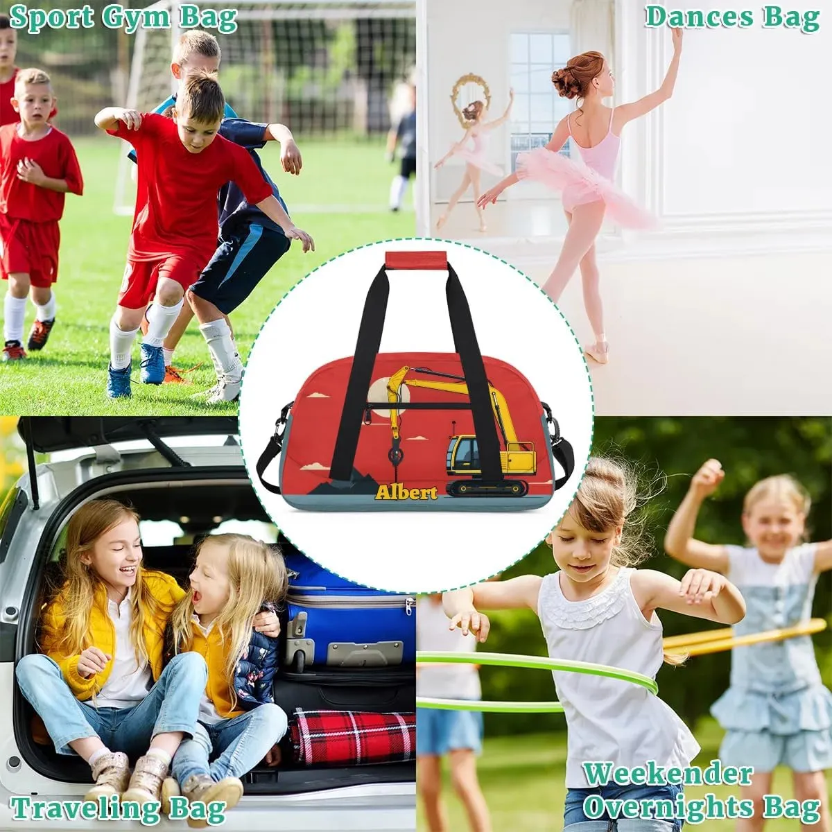 Personalized Kids Sports Duffel Bag with Name Custom Weekender Overnight Bag for Boys Girls Gym Bag Travel Dance Gymnastics Duffel Bag, Excavator Tractor Truck