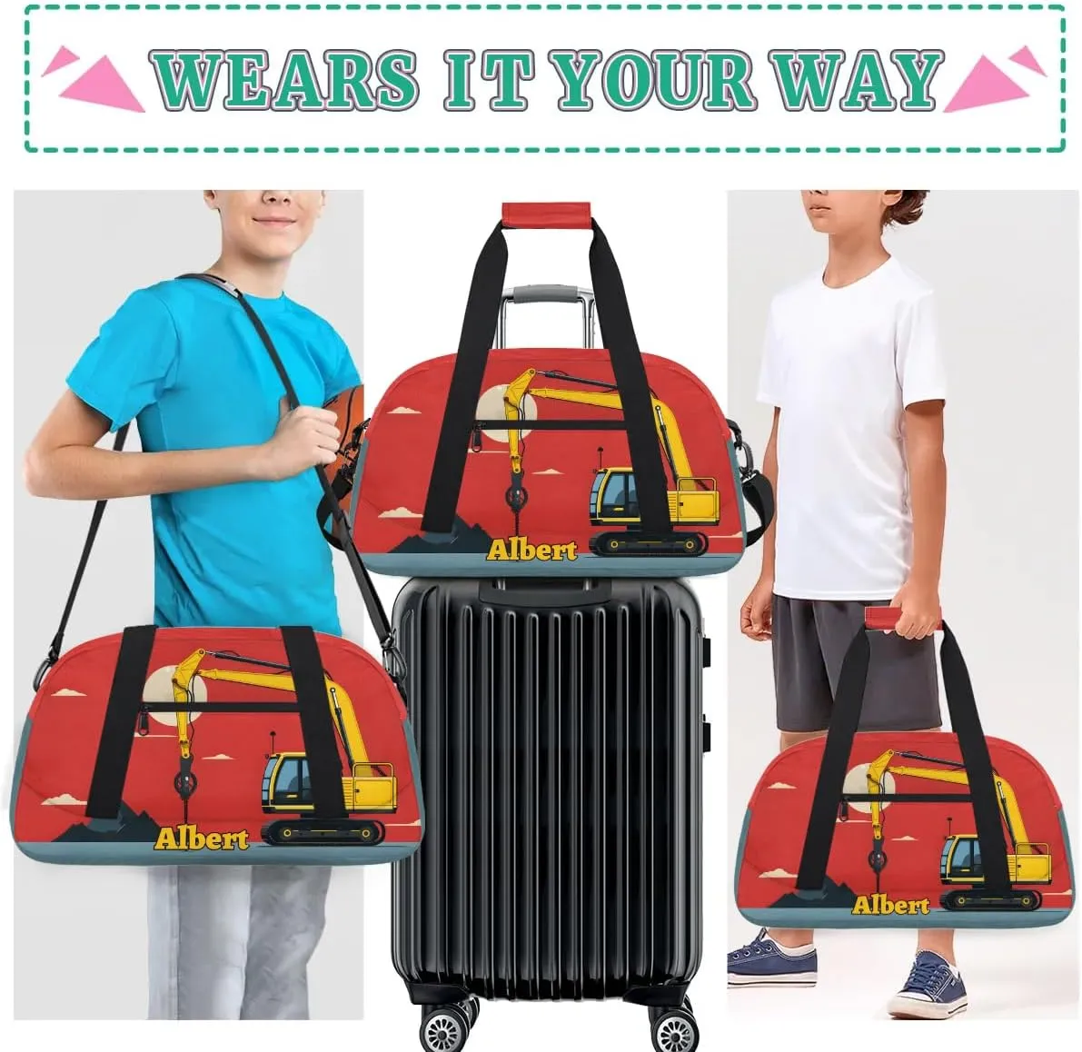 Personalized Kids Sports Duffel Bag with Name Custom Weekender Overnight Bag for Boys Girls Gym Bag Travel Dance Gymnastics Duffel Bag, Excavator Tractor Truck