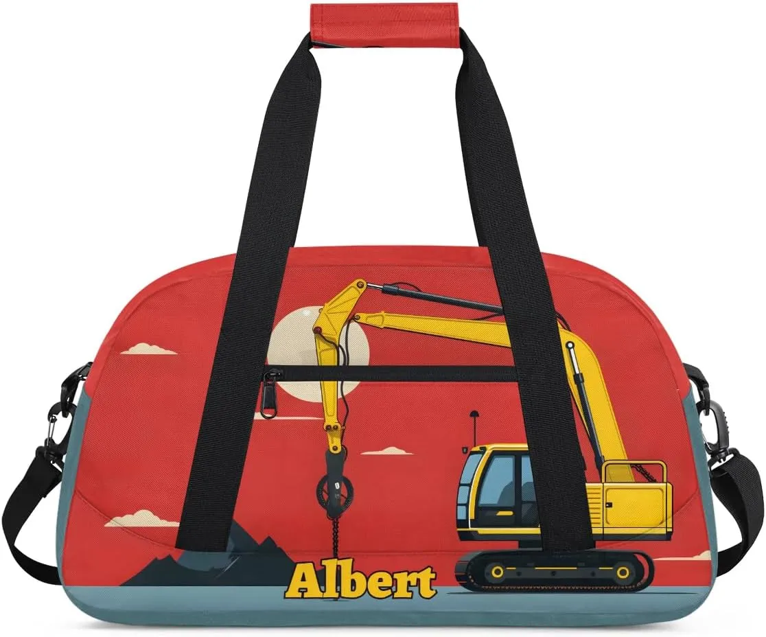 Personalized Kids Sports Duffel Bag with Name Custom Weekender Overnight Bag for Boys Girls Gym Bag Travel Dance Gymnastics Duffel Bag, Excavator Tractor Truck