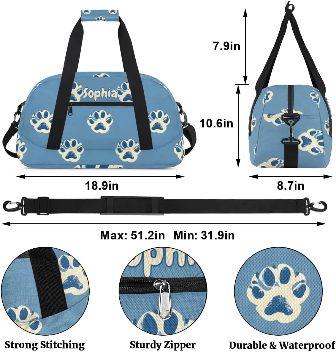 Personalized Kids Sports Duffel Bag with Name Custom Weekender Overnight Bag for Boys Girls Gym Bag Travel Dance Gymnastics Duffel Bag, Paw Print
