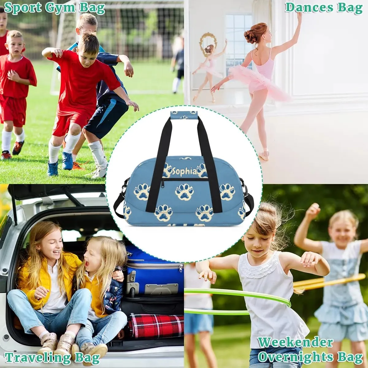 Personalized Kids Sports Duffel Bag with Name Custom Weekender Overnight Bag for Boys Girls Gym Bag Travel Dance Gymnastics Duffel Bag, Paw Print