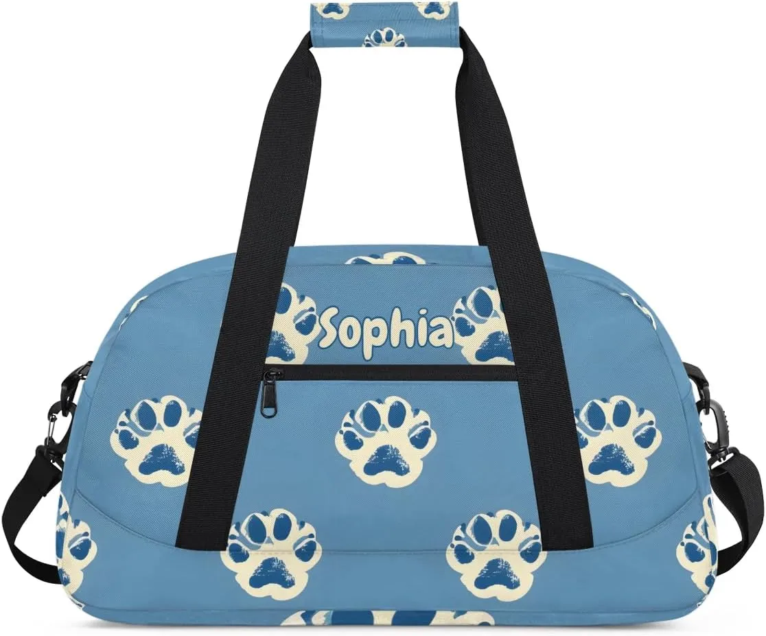Personalized Kids Sports Duffel Bag with Name Custom Weekender Overnight Bag for Boys Girls Gym Bag Travel Dance Gymnastics Duffel Bag, Paw Print