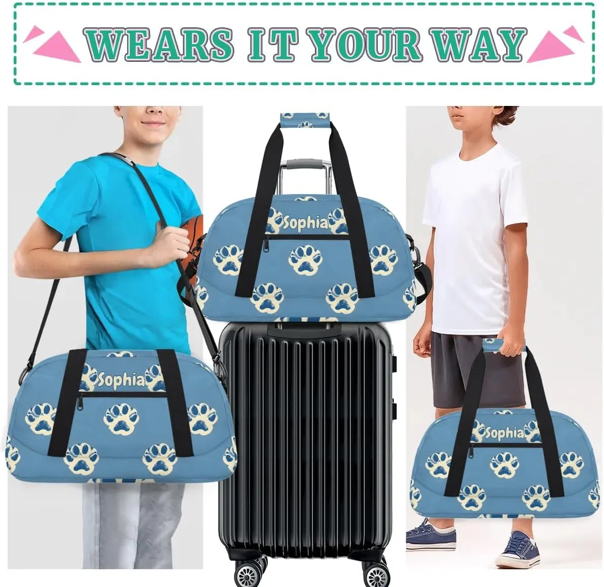 Personalized Kids Sports Duffel Bag with Name Custom Weekender Overnight Bag for Boys Girls Gym Bag Travel Dance Gymnastics Duffel Bag, Paw Print