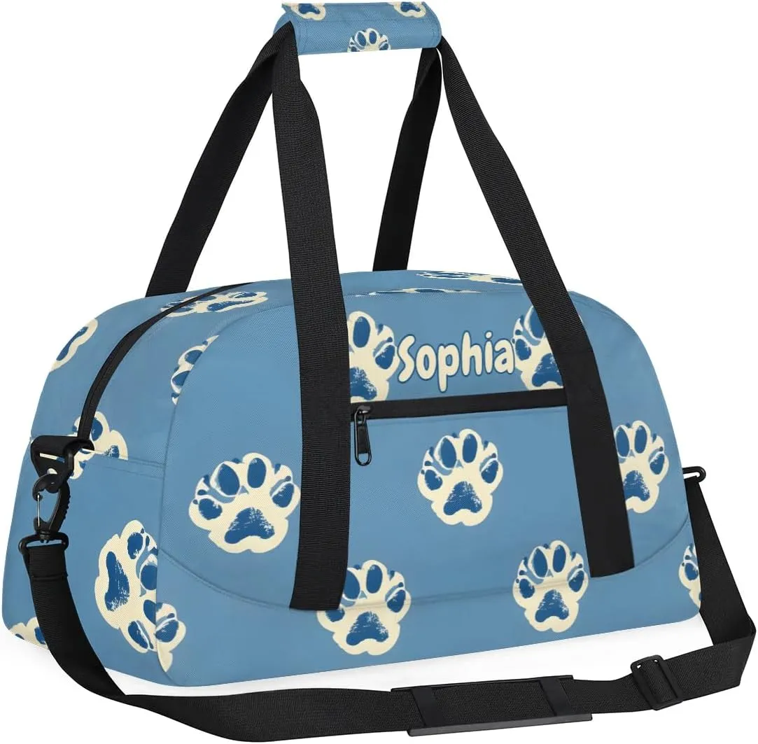 Personalized Kids Sports Duffel Bag with Name Custom Weekender Overnight Bag for Boys Girls Gym Bag Travel Dance Gymnastics Duffel Bag, Paw Print