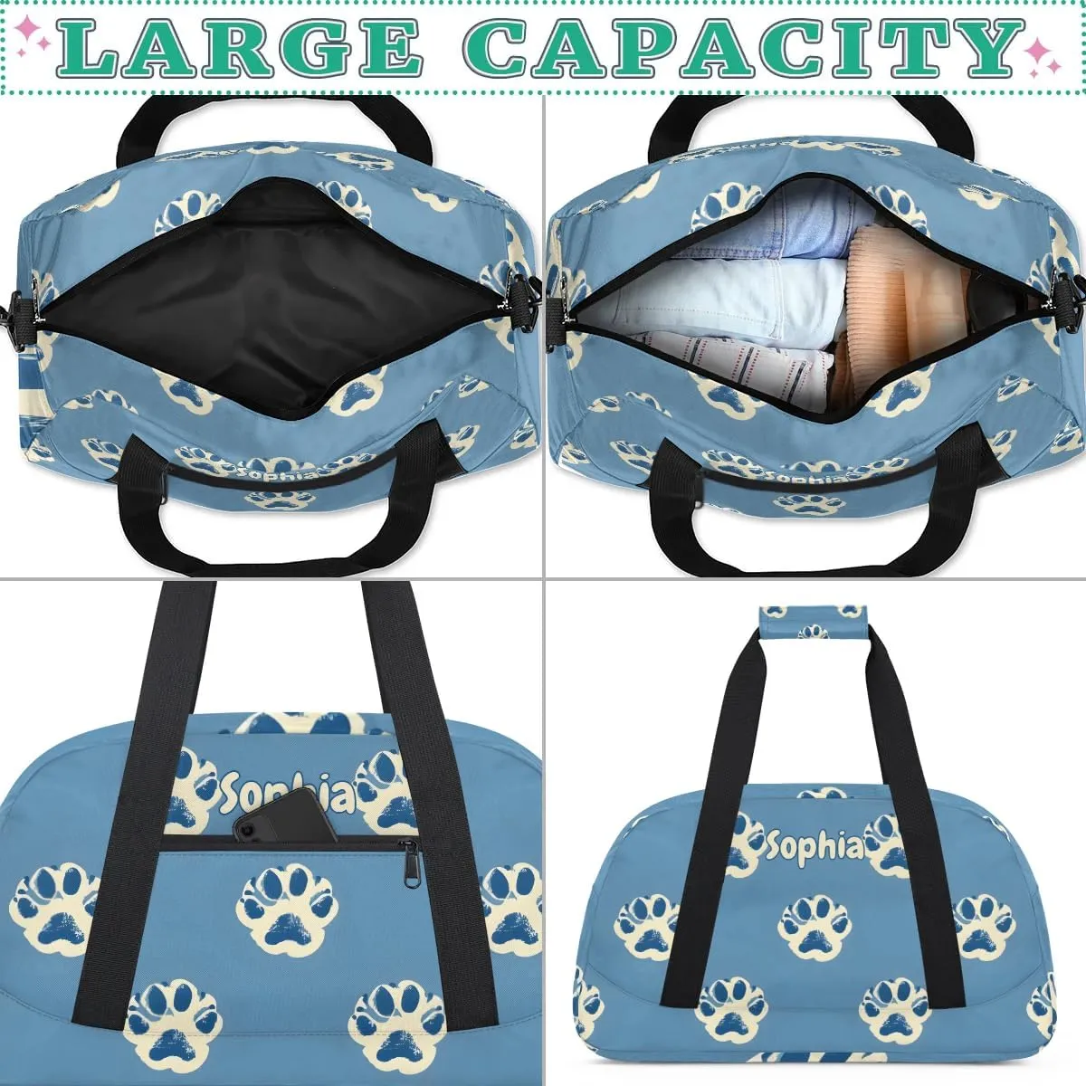 Personalized Kids Sports Duffel Bag with Name Custom Weekender Overnight Bag for Boys Girls Gym Bag Travel Dance Gymnastics Duffel Bag, Paw Print