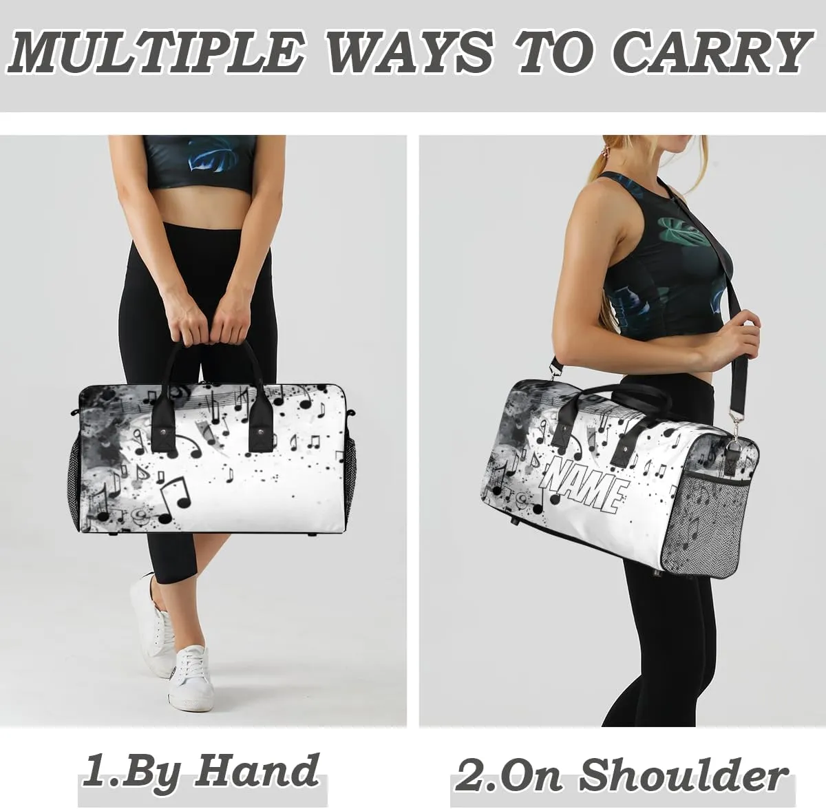 Personalized Musical Notes Travel Duffel Bag with Name, Custom Gym Sport Bag Black Grey Carry On Weekend Overnight Duffel Bag for Men Women