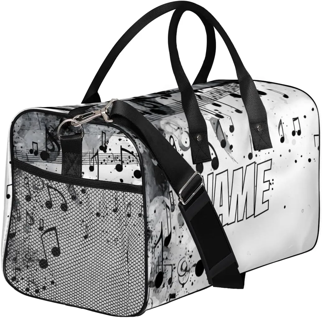 Personalized Musical Notes Travel Duffel Bag with Name, Custom Gym Sport Bag Black Grey Carry On Weekend Overnight Duffel Bag for Men Women