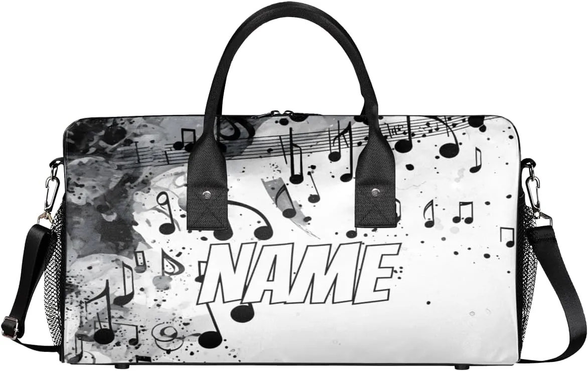 Personalized Musical Notes Travel Duffel Bag with Name, Custom Gym Sport Bag Black Grey Carry On Weekend Overnight Duffel Bag for Men Women