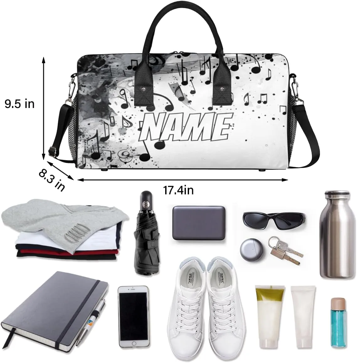 Personalized Musical Notes Travel Duffel Bag with Name, Custom Gym Sport Bag Black Grey Carry On Weekend Overnight Duffel Bag for Men Women