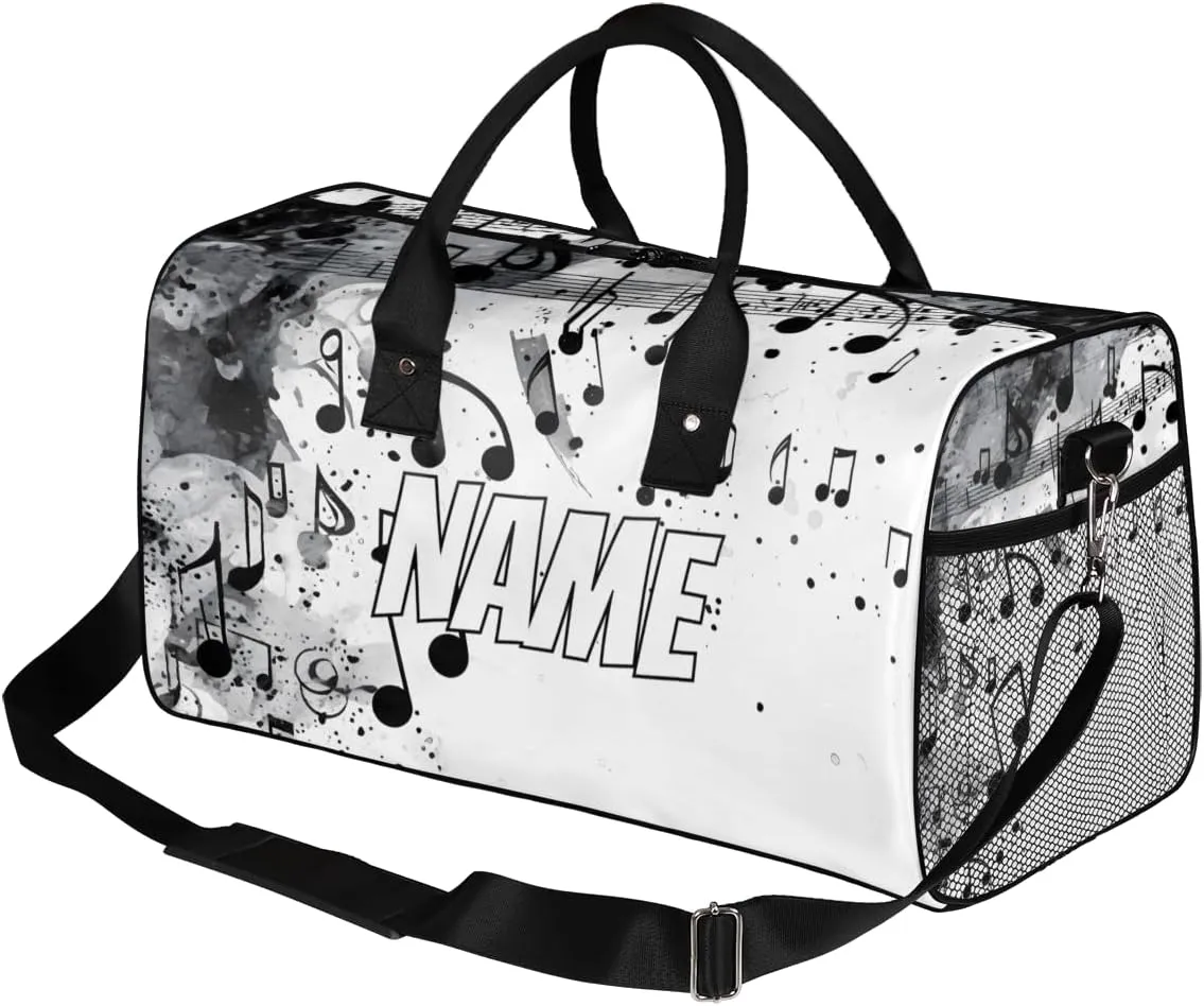 Personalized Musical Notes Travel Duffel Bag with Name, Custom Gym Sport Bag Black Grey Carry On Weekend Overnight Duffel Bag for Men Women