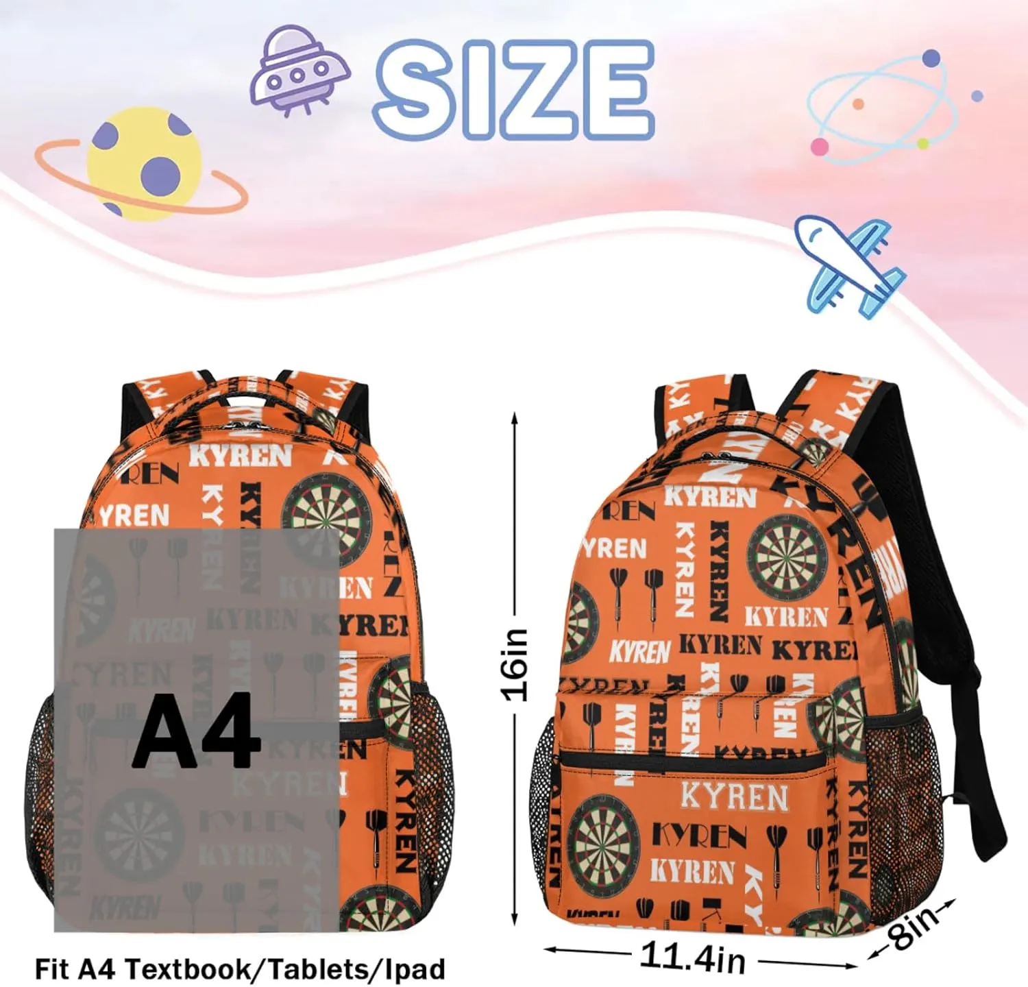 Personalized Name Darts Backpack, Custom Sports Bag Backpack for Men Women, Laptop Backpacks Travel Camping Daypack, Orange
