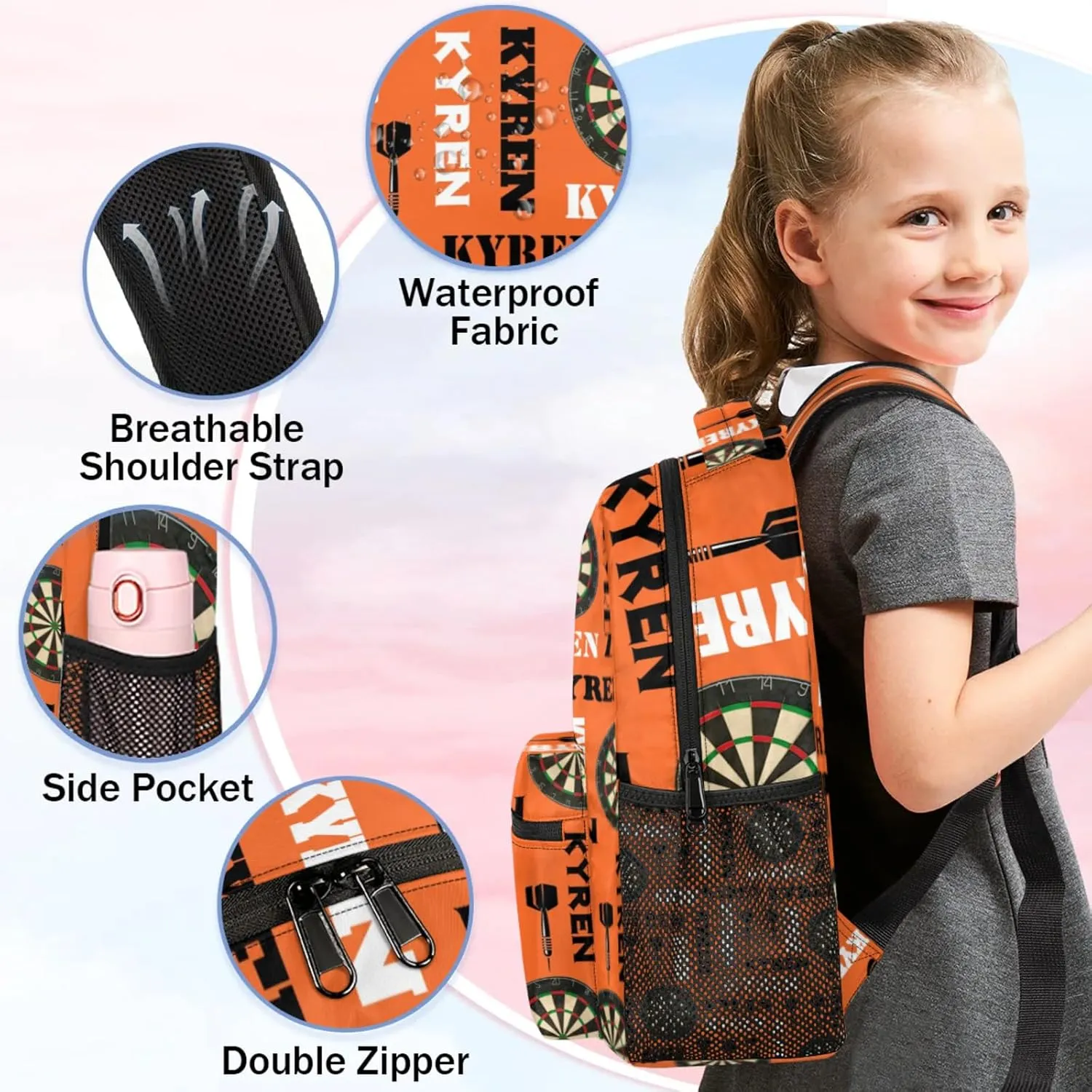 Personalized Name Darts Backpack, Custom Sports Bag Backpack for Men Women, Laptop Backpacks Travel Camping Daypack, Orange