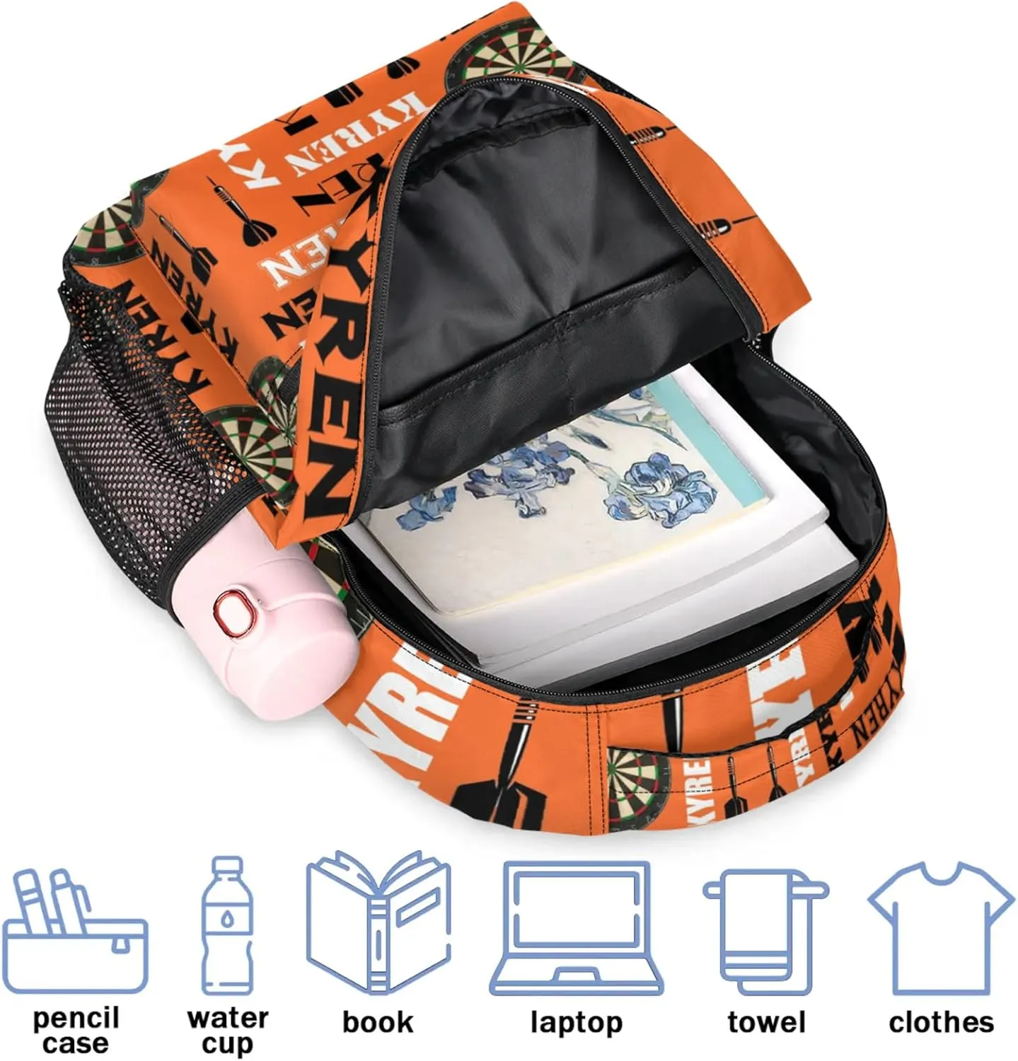 Personalized Name Darts Backpack, Custom Sports Bag Backpack for Men Women, Laptop Backpacks Travel Camping Daypack, Orange