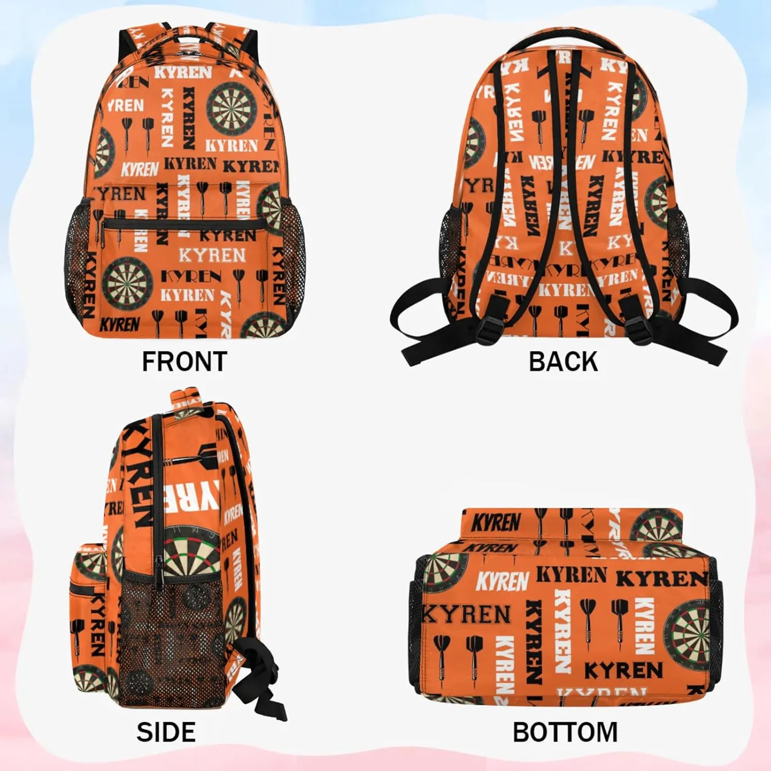 Personalized Name Darts Backpack, Custom Sports Bag Backpack for Men Women, Laptop Backpacks Travel Camping Daypack, Orange