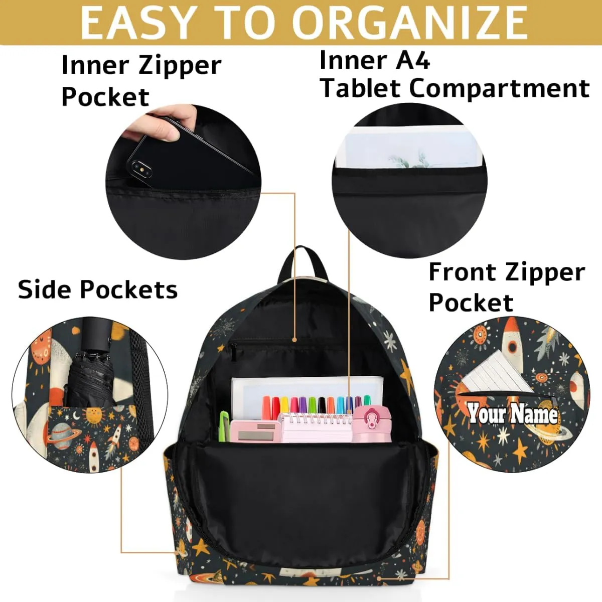 Personalized Outer Space Preschool Toddler Backpack for Boys Girls Custom Kids Name Small Bookbags Kindergarten Elementary Backpack, Space Rocket
