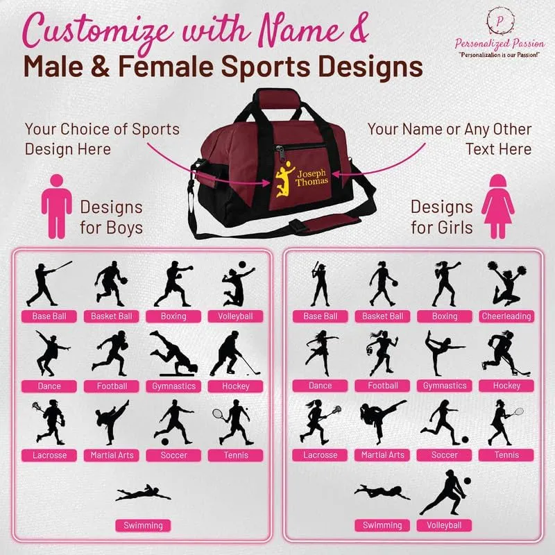 Personalized Passion Small Sports Duffel Bags for Kids - 14” Waterproof Travel Duffle with Embroidered Name & Baseball Design - Gray Two-Toned Kids Weekender Bag for Boys and Girls