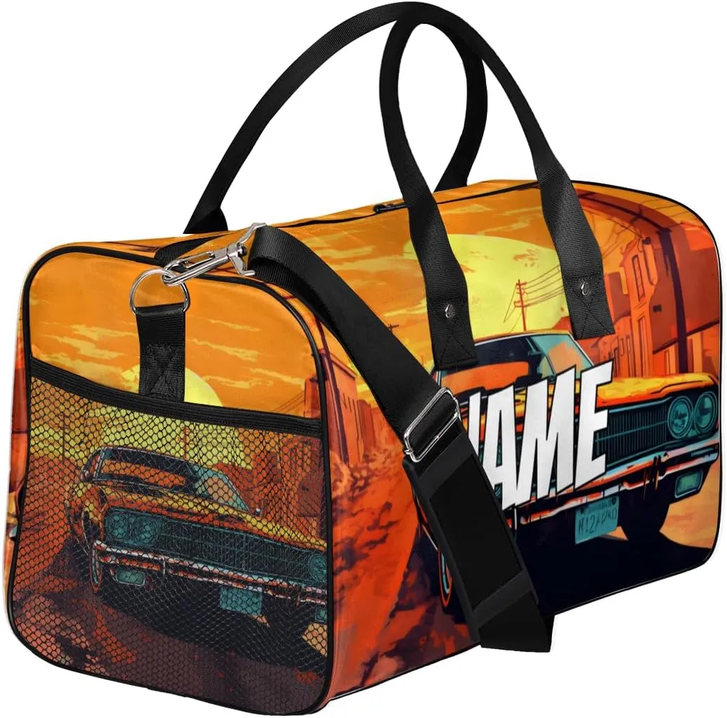 Personalized Retro Car Travel Duffel Bag with Name, Custom Gym Sport Bag Sunset Scenery Carry On Weekend Overnight Duffel Bag for Men Women