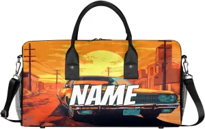 Personalized Retro Car Travel Duffel Bag with Name, Custom Gym Sport Bag Sunset Scenery Carry On Weekend Overnight Duffel Bag for Men Women