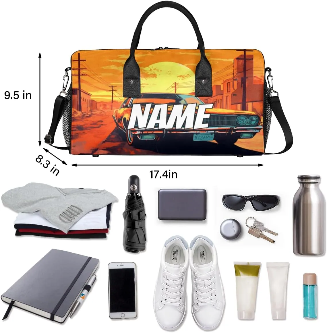 Personalized Retro Car Travel Duffel Bag with Name, Custom Gym Sport Bag Sunset Scenery Carry On Weekend Overnight Duffel Bag for Men Women