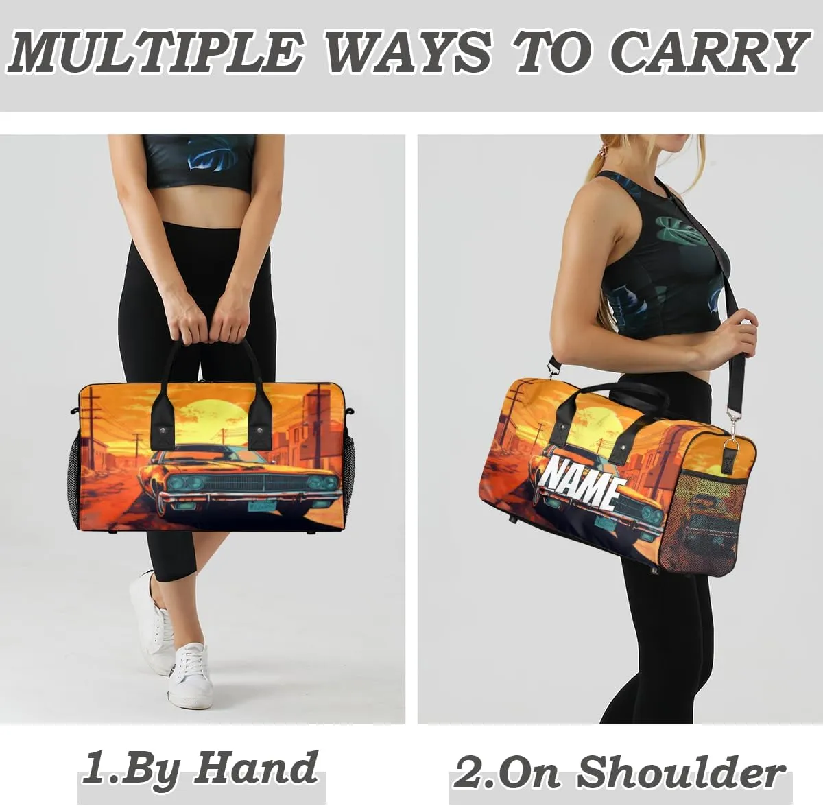 Personalized Retro Car Travel Duffel Bag with Name, Custom Gym Sport Bag Sunset Scenery Carry On Weekend Overnight Duffel Bag for Men Women