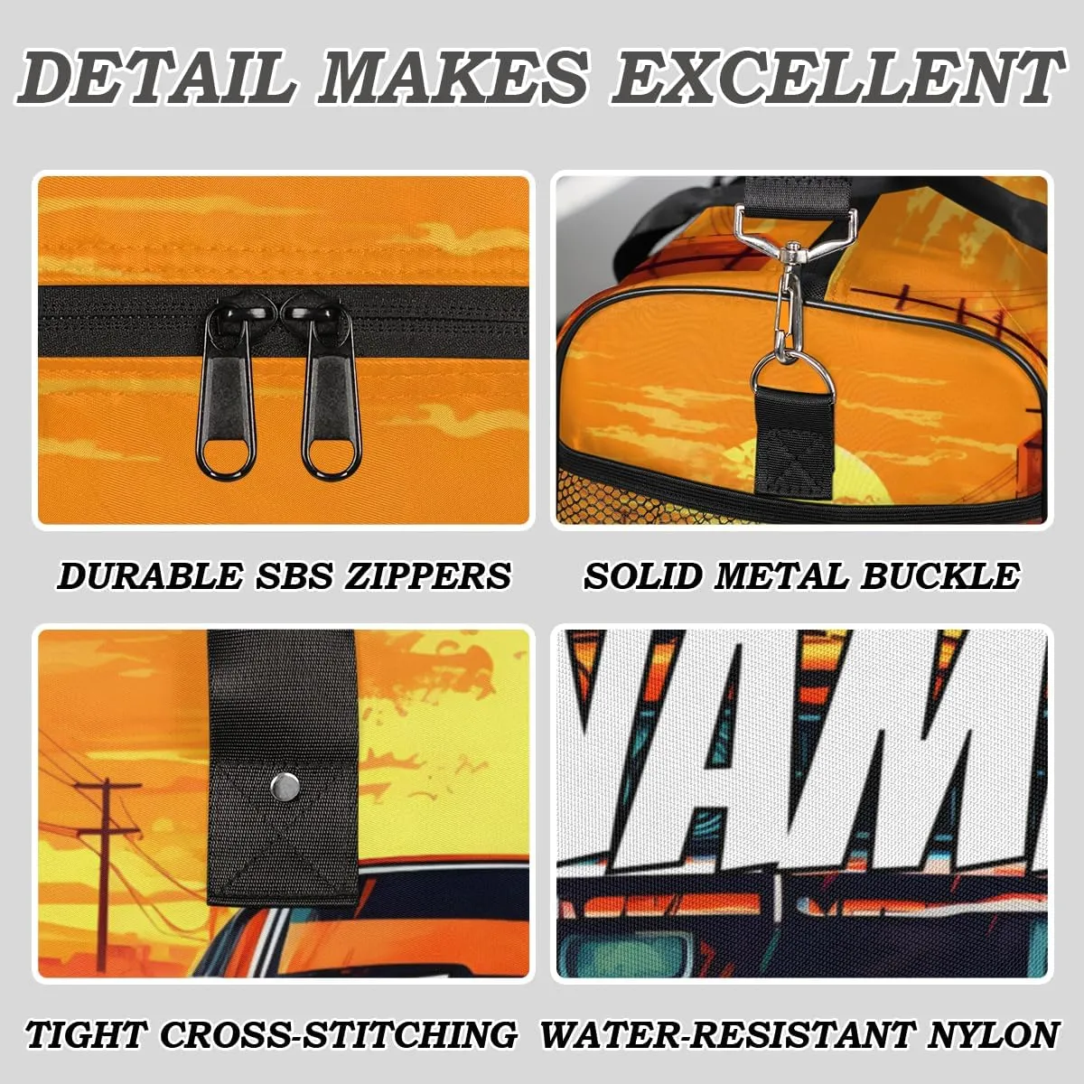 Personalized Retro Car Travel Duffel Bag with Name, Custom Gym Sport Bag Sunset Scenery Carry On Weekend Overnight Duffel Bag for Men Women