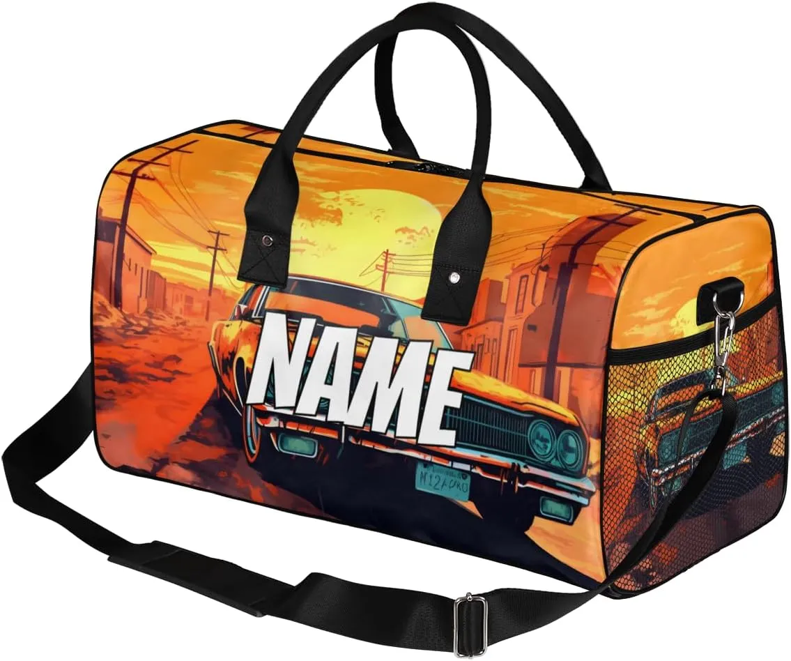 Personalized Retro Car Travel Duffel Bag with Name, Custom Gym Sport Bag Sunset Scenery Carry On Weekend Overnight Duffel Bag for Men Women