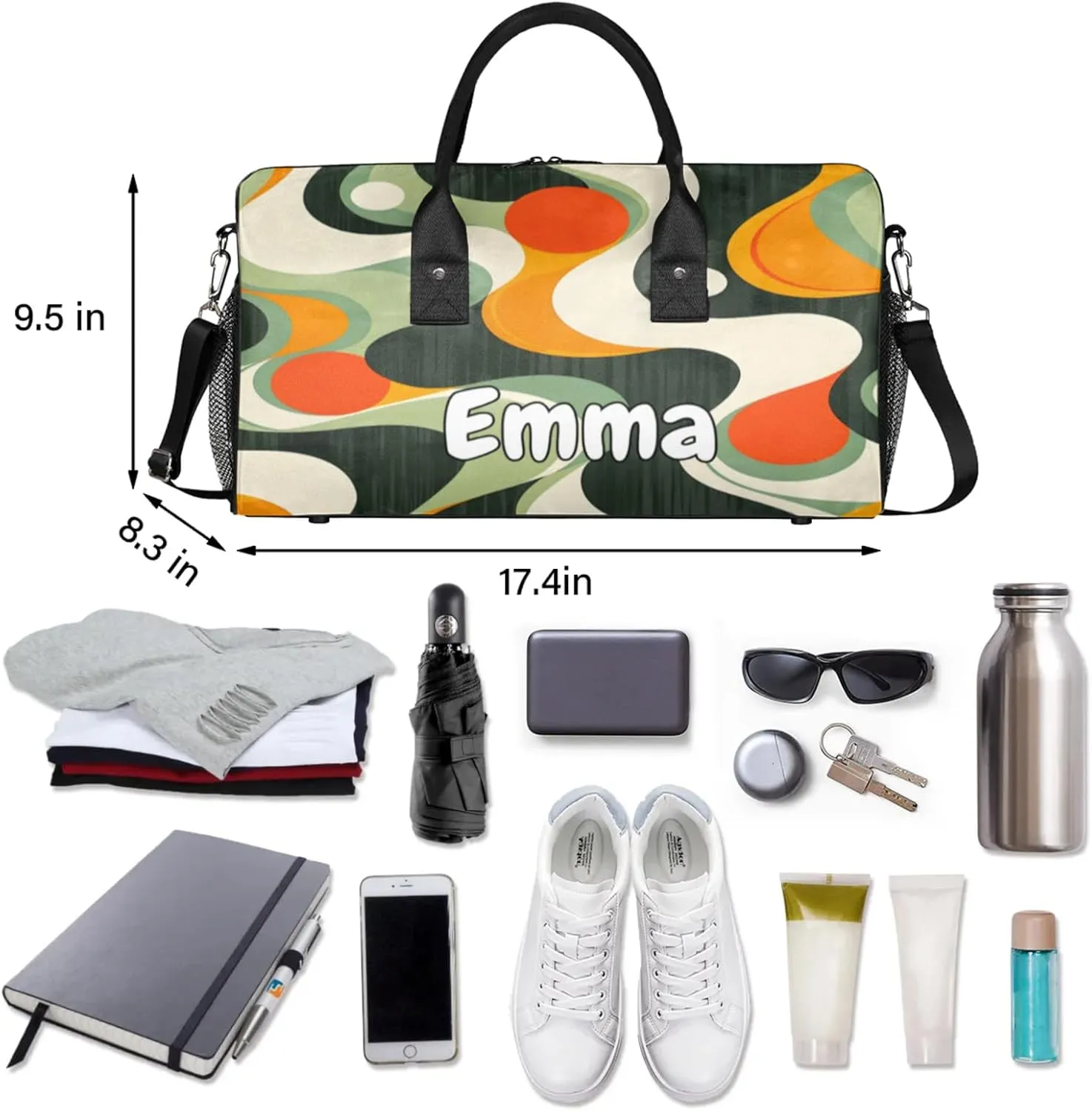 Personalized Retro Waves Travel Duffel Bag with Name, Custom Gym Sport Bag Swirl Fluid Vintage Carry On Weekend Overnight Duffel Bag for Men Women