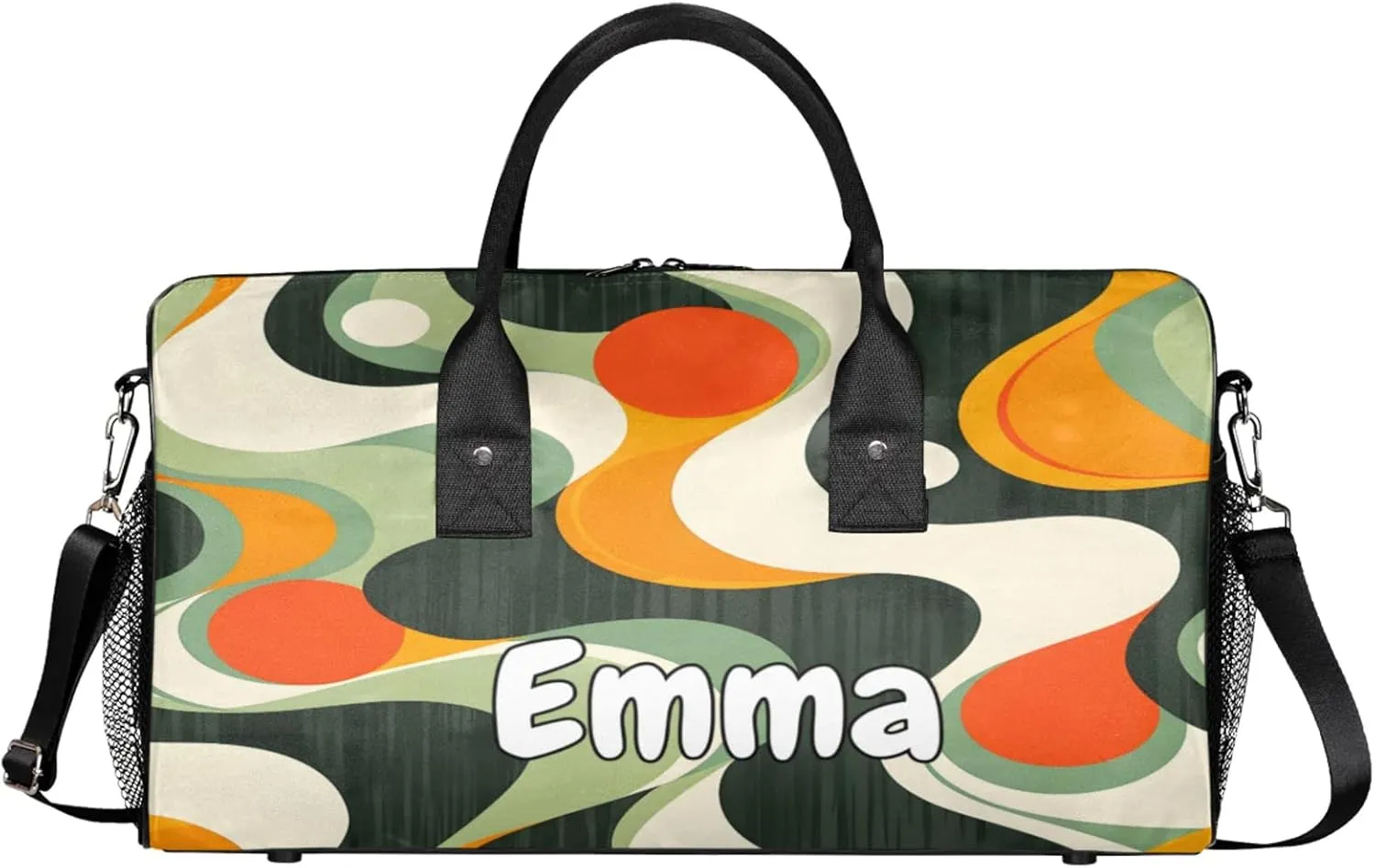 Personalized Retro Waves Travel Duffel Bag with Name, Custom Gym Sport Bag Swirl Fluid Vintage Carry On Weekend Overnight Duffel Bag for Men Women