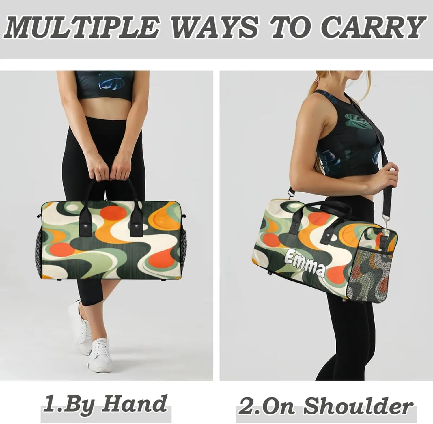 Personalized Retro Waves Travel Duffel Bag with Name, Custom Gym Sport Bag Swirl Fluid Vintage Carry On Weekend Overnight Duffel Bag for Men Women
