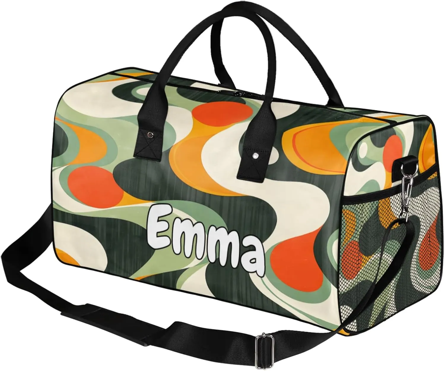 Personalized Retro Waves Travel Duffel Bag with Name, Custom Gym Sport Bag Swirl Fluid Vintage Carry On Weekend Overnight Duffel Bag for Men Women
