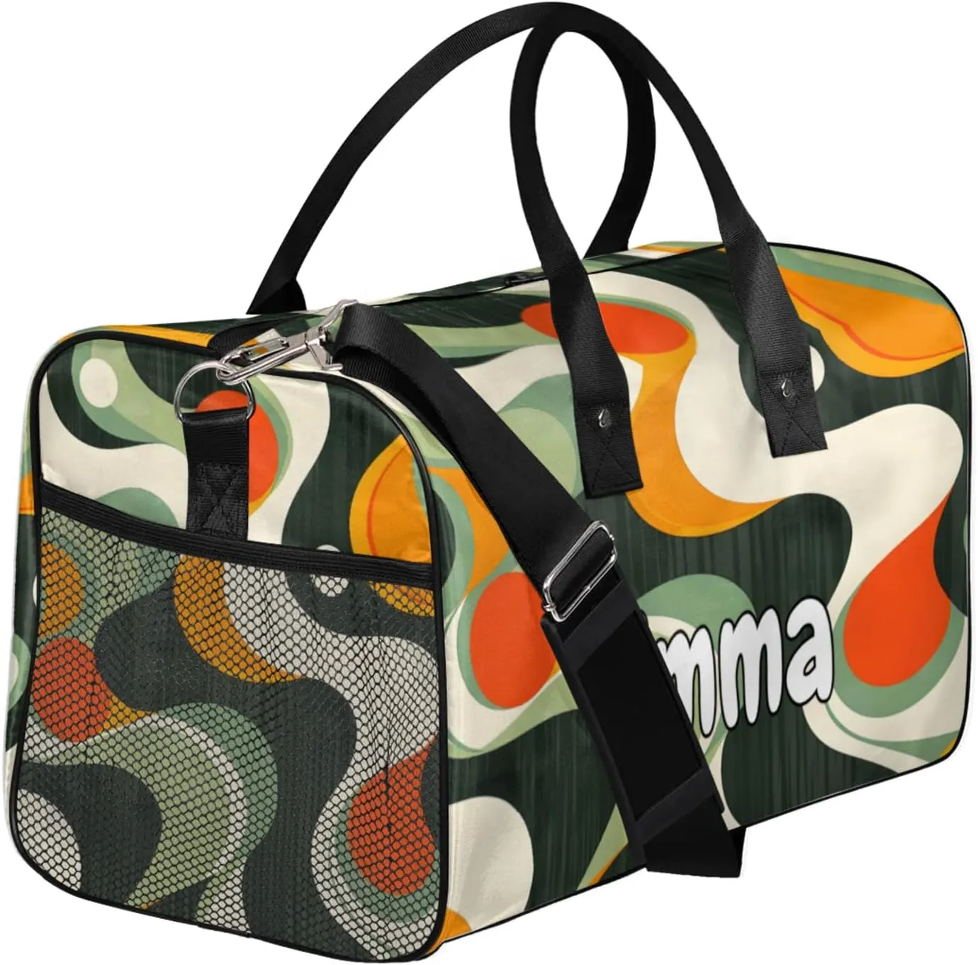 Personalized Retro Waves Travel Duffel Bag with Name, Custom Gym Sport Bag Swirl Fluid Vintage Carry On Weekend Overnight Duffel Bag for Men Women