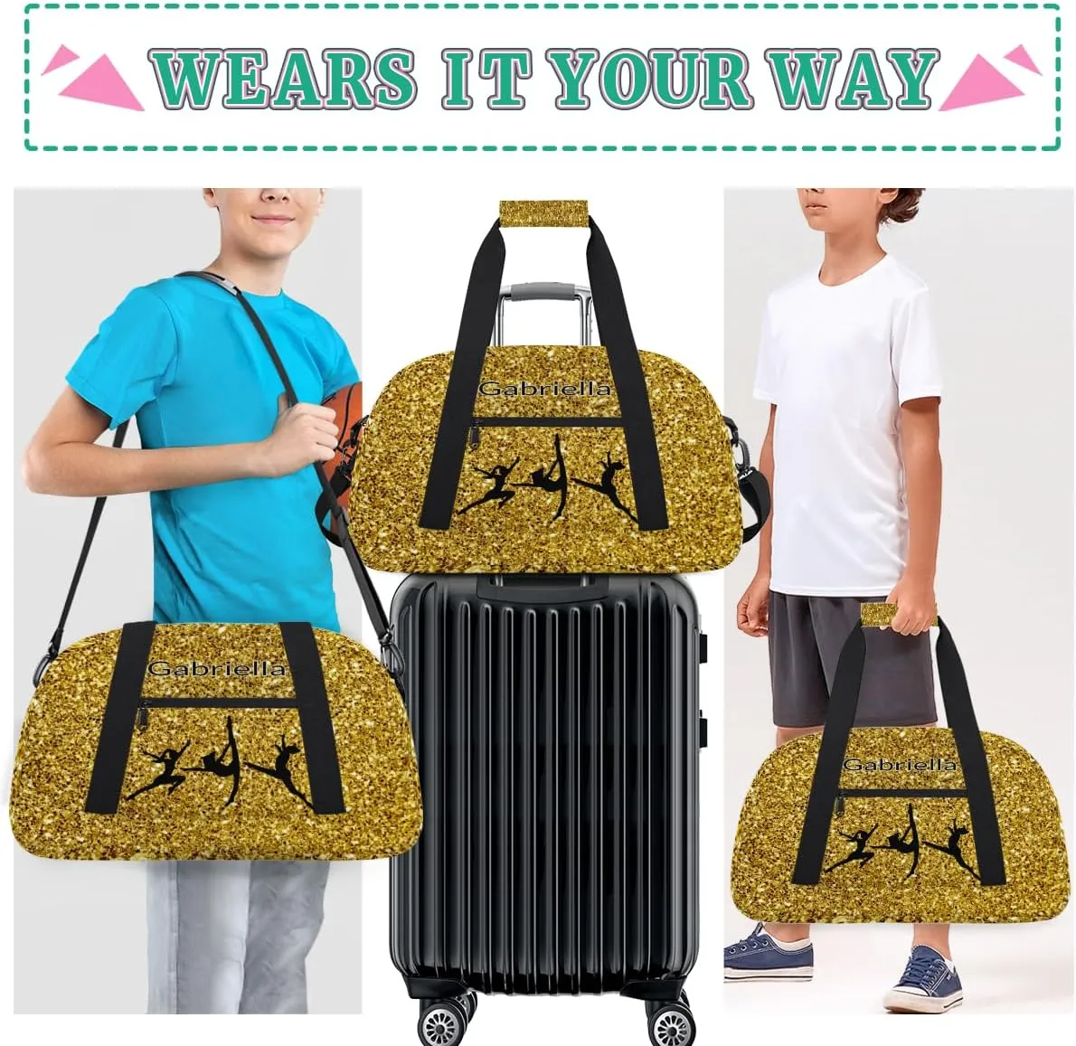 Personalized Teens Sport Duffle Gymnastics Dance Bag Kids Custom Name Carry On Weekend Sports Travel Bag for School Practice Gymnastics Golden Glitter Texture