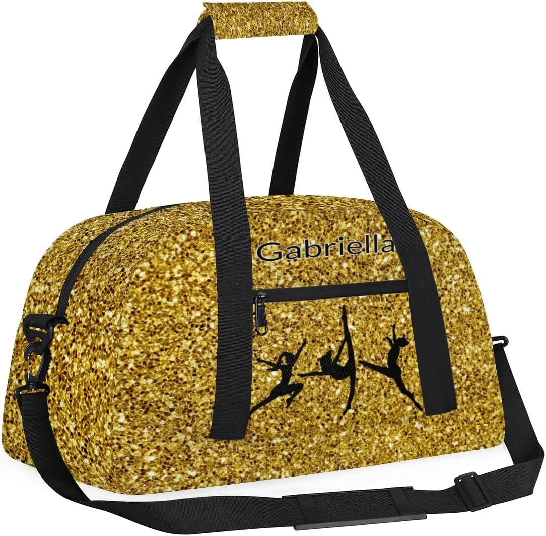 Personalized Teens Sport Duffle Gymnastics Dance Bag Kids Custom Name Carry On Weekend Sports Travel Bag for School Practice Gymnastics Golden Glitter Texture