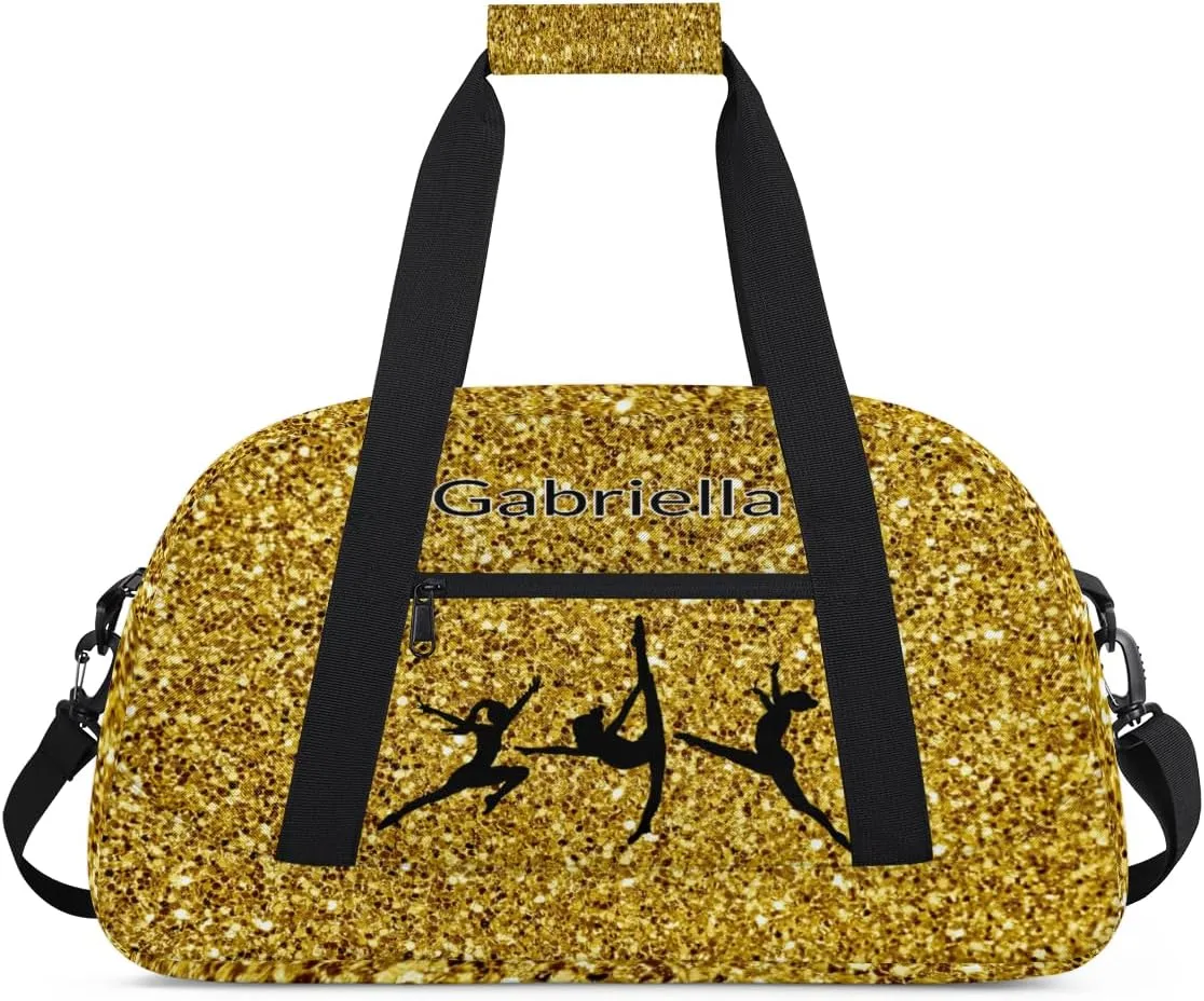 Personalized Teens Sport Duffle Gymnastics Dance Bag Kids Custom Name Carry On Weekend Sports Travel Bag for School Practice Gymnastics Golden Glitter Texture