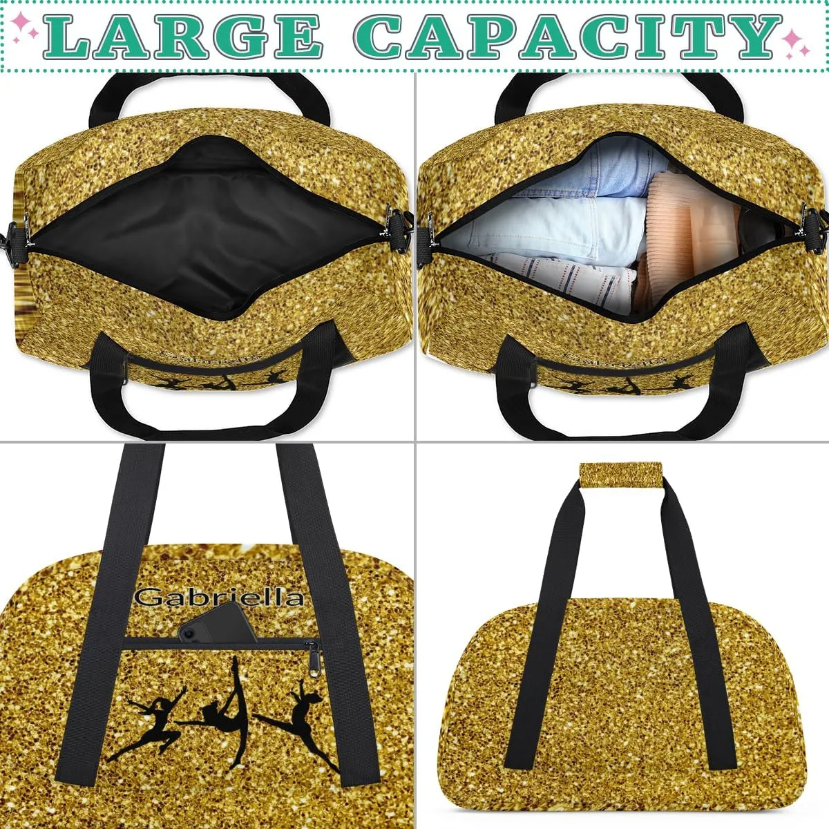 Personalized Teens Sport Duffle Gymnastics Dance Bag Kids Custom Name Carry On Weekend Sports Travel Bag for School Practice Gymnastics Golden Glitter Texture