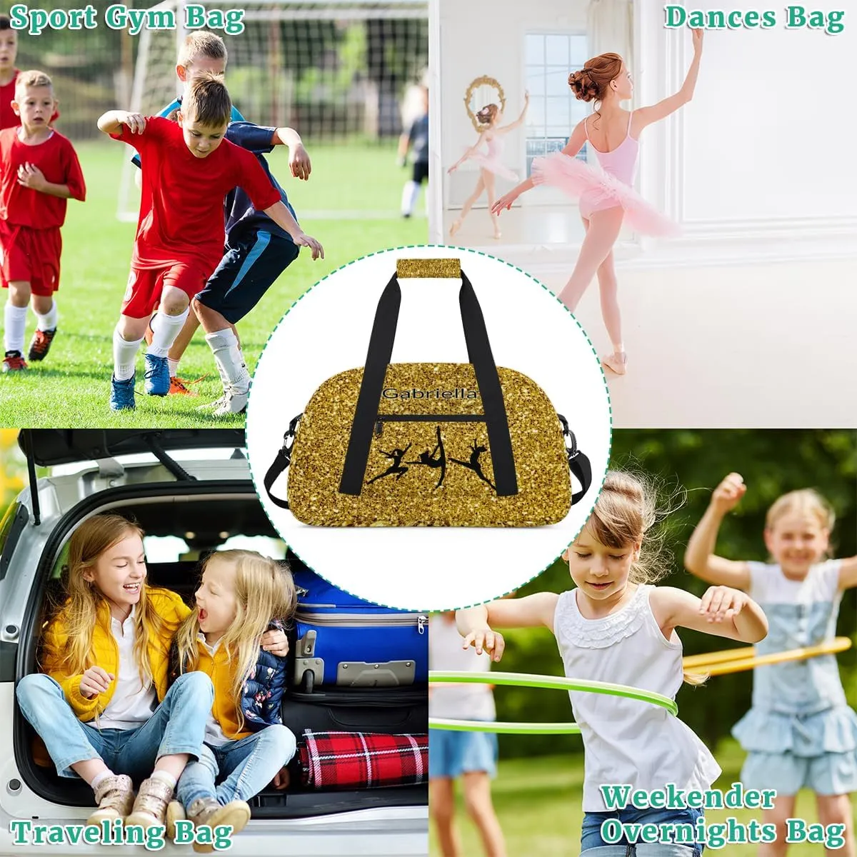 Personalized Teens Sport Duffle Gymnastics Dance Bag Kids Custom Name Carry On Weekend Sports Travel Bag for School Practice Gymnastics Golden Glitter Texture