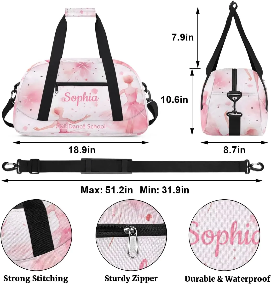 Pink Dance Bag for Girls Personalized Kids Duffel Bags Gym Bag with Name Small Dance Bag for Dancer Dancing Tote Bag for Dancing Team Members Girls Dancer Gifts