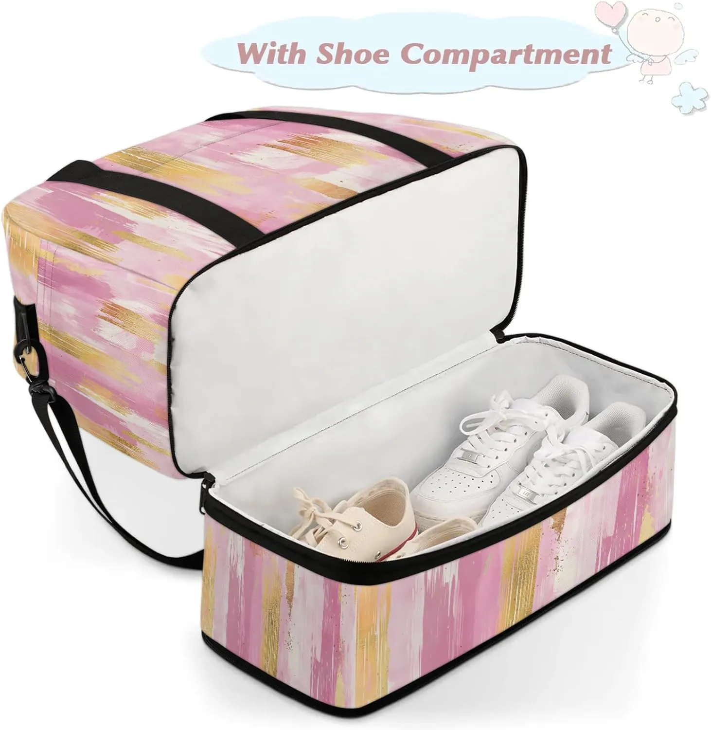 Pink Gold Marble Travel Duffel Bags for Women & Men Large Sports Gym Bags Foldie Weekender Overnight Bag Carry On Tote Bag With Shoe Compartment Personal Item Luggage for Travel Sports Gym