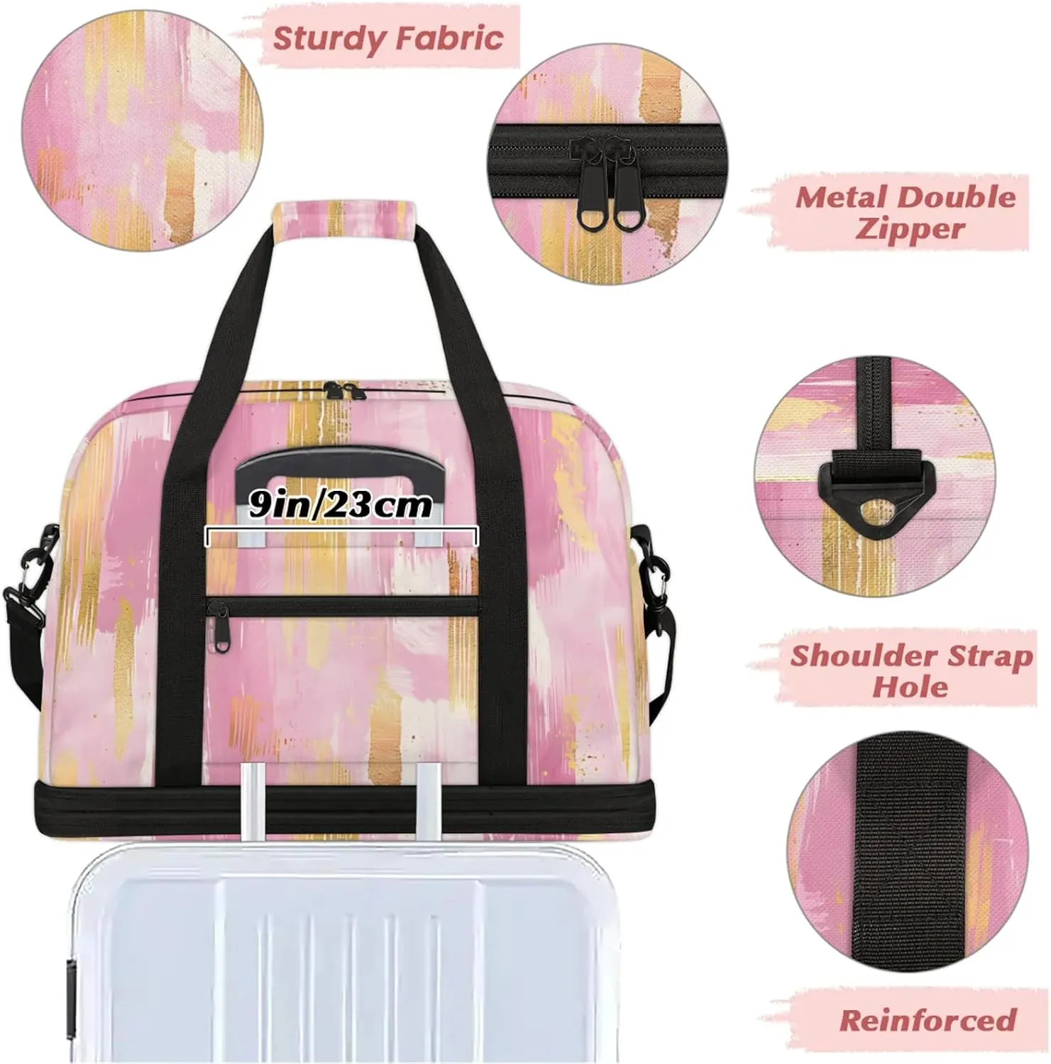 Pink Gold Marble Travel Duffel Bags for Women & Men Large Sports Gym Bags Foldie Weekender Overnight Bag Carry On Tote Bag With Shoe Compartment Personal Item Luggage for Travel Sports Gym