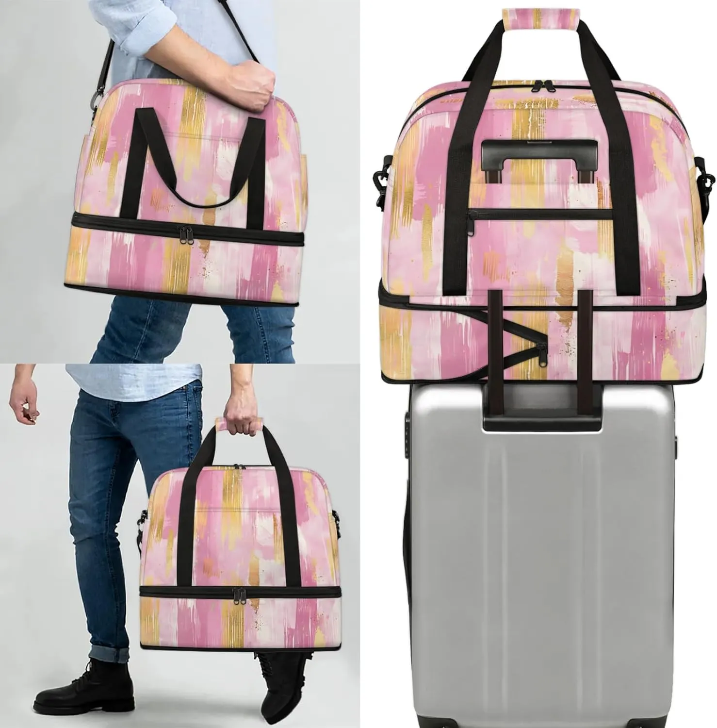 Pink Gold Marble Travel Duffel Bags for Women & Men Large Sports Gym Bags Foldie Weekender Overnight Bag Carry On Tote Bag With Shoe Compartment Personal Item Luggage for Travel Sports Gym