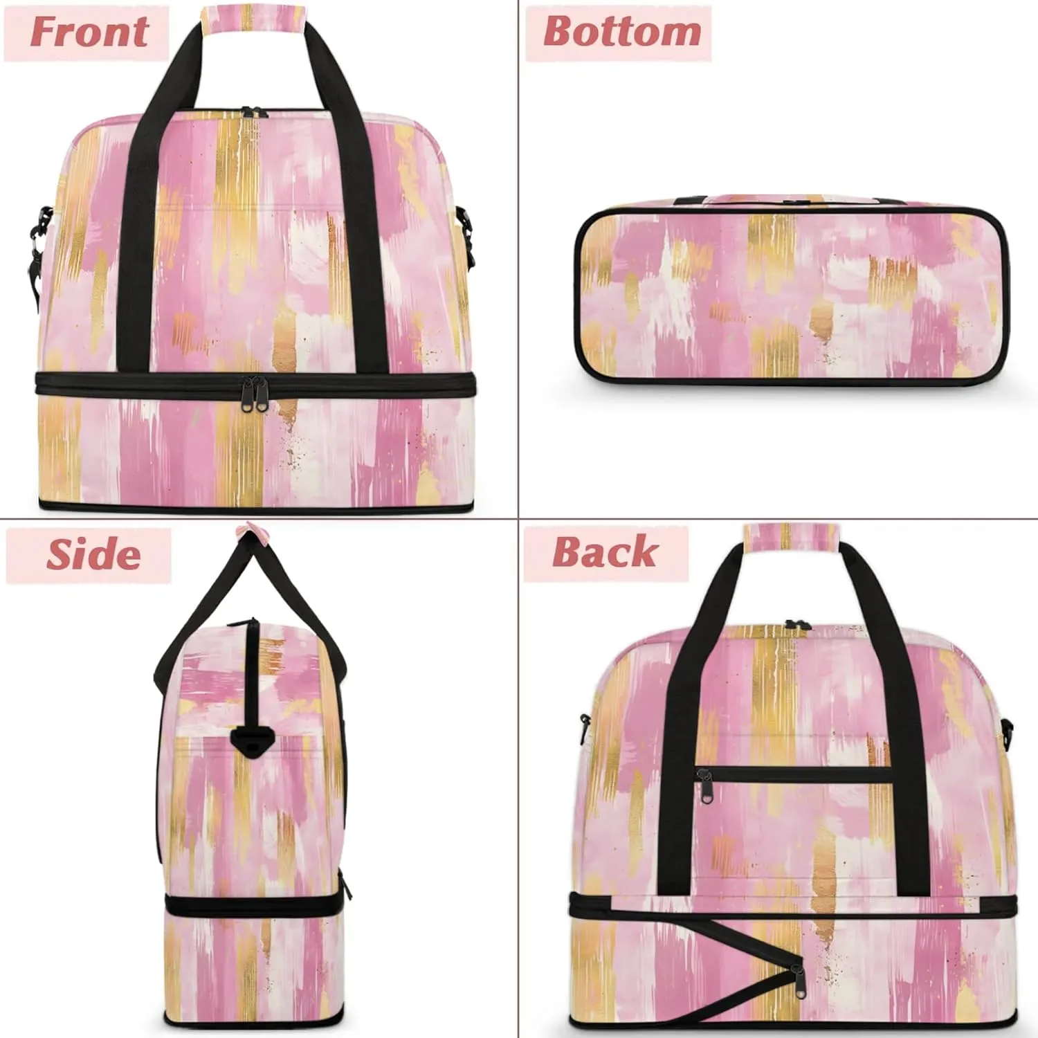 Pink Gold Marble Travel Duffel Bags for Women & Men Large Sports Gym Bags Foldie Weekender Overnight Bag Carry On Tote Bag With Shoe Compartment Personal Item Luggage for Travel Sports Gym