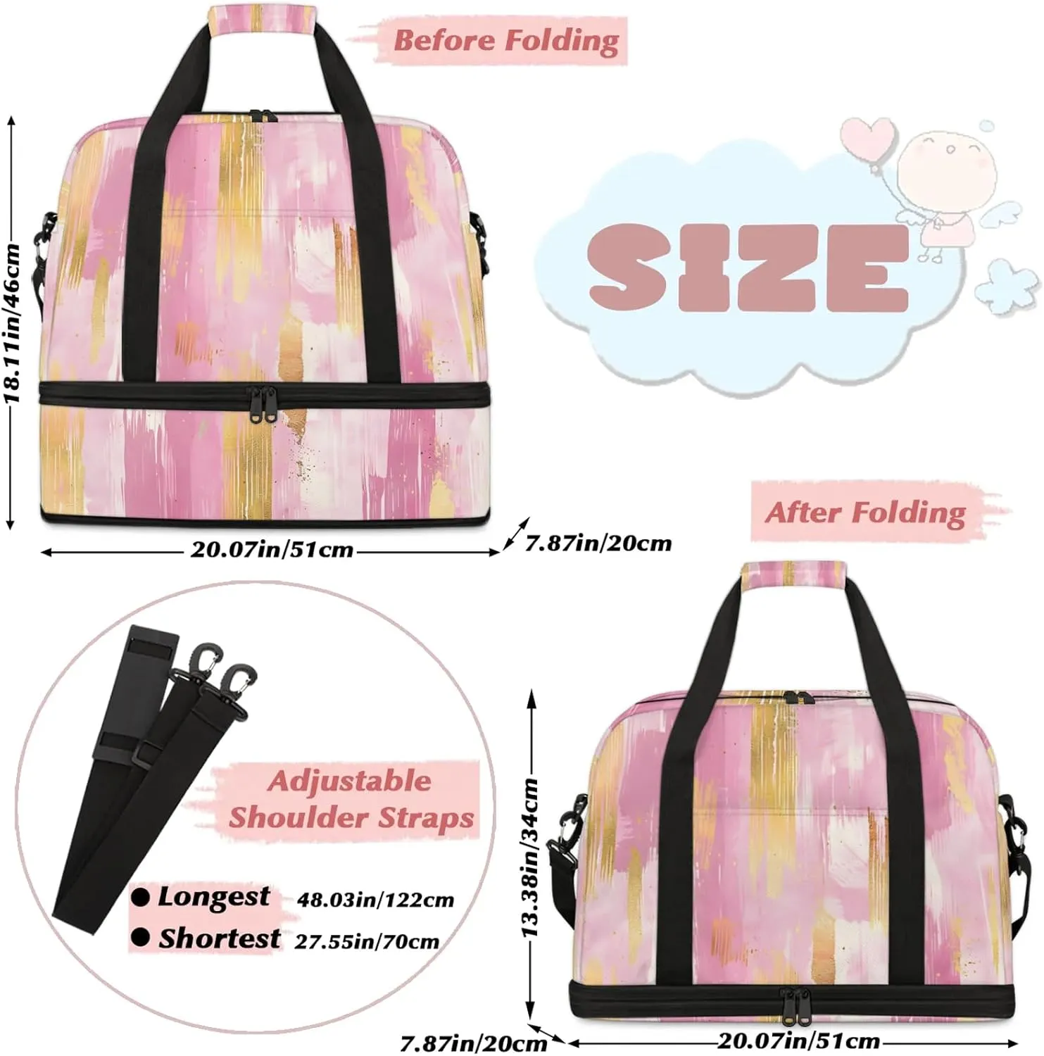 Pink Gold Marble Travel Duffel Bags for Women & Men Large Sports Gym Bags Foldie Weekender Overnight Bag Carry On Tote Bag With Shoe Compartment Personal Item Luggage for Travel Sports Gym