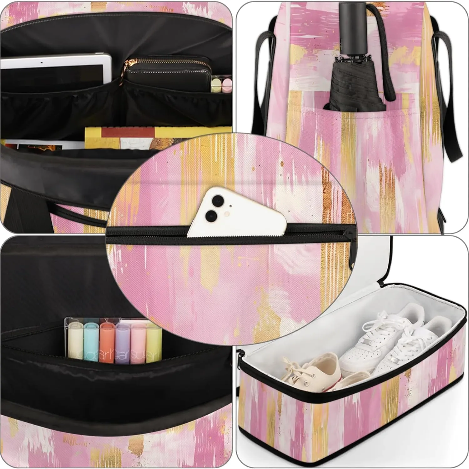 Pink Gold Marble Travel Duffel Bags for Women & Men Large Sports Gym Bags Foldie Weekender Overnight Bag Carry On Tote Bag With Shoe Compartment Personal Item Luggage for Travel Sports Gym