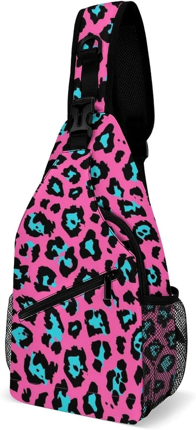 Pink Leopard Pattern Sling Backpack Man Women Crossbody Backpack Chest Bag Cycling Daypack Travel Bag Small Cross Body Bags Leisure Backpacks